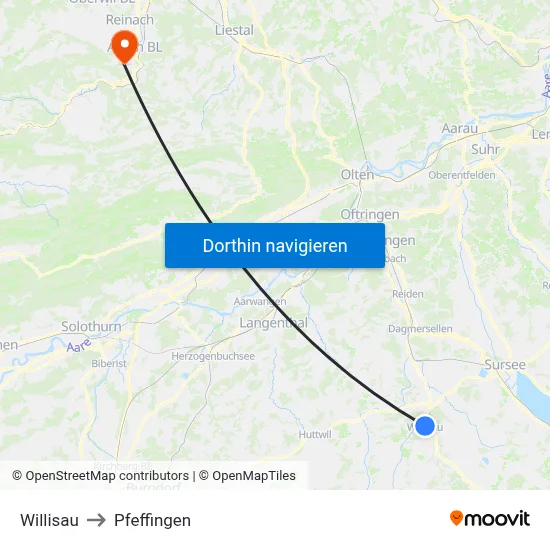 Willisau to Pfeffingen map
