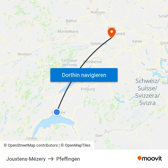 Jouxtens-Mézery to Pfeffingen map