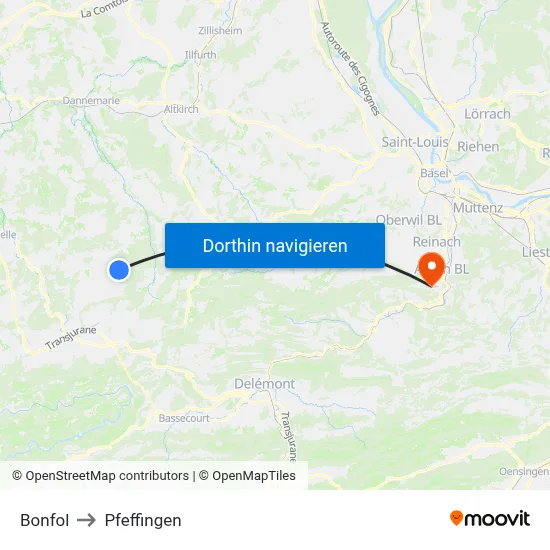 Bonfol to Pfeffingen map
