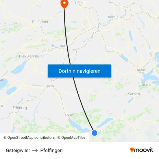 Gsteigwiler to Pfeffingen map