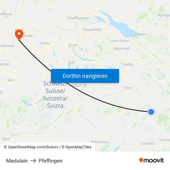 Madulain to Pfeffingen map