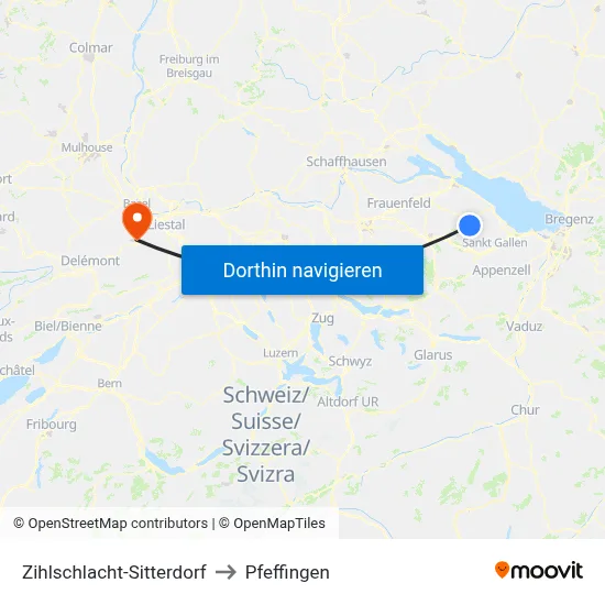 Zihlschlacht-Sitterdorf to Pfeffingen map