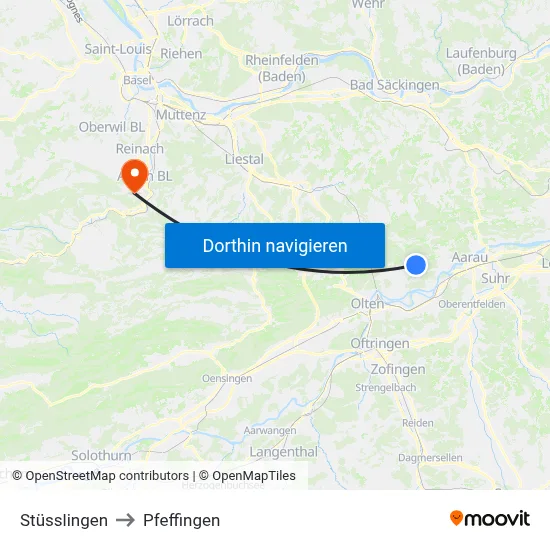 Stüsslingen to Pfeffingen map