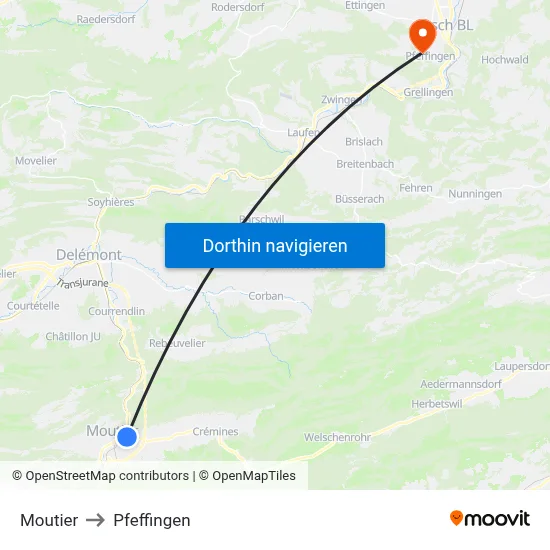 Moutier to Pfeffingen map