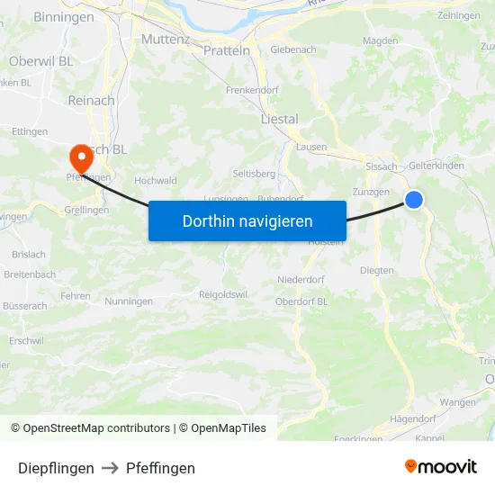 Diepflingen to Pfeffingen map
