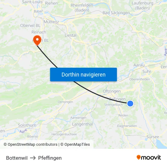 Bottenwil to Pfeffingen map