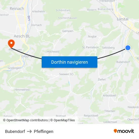Bubendorf to Pfeffingen map