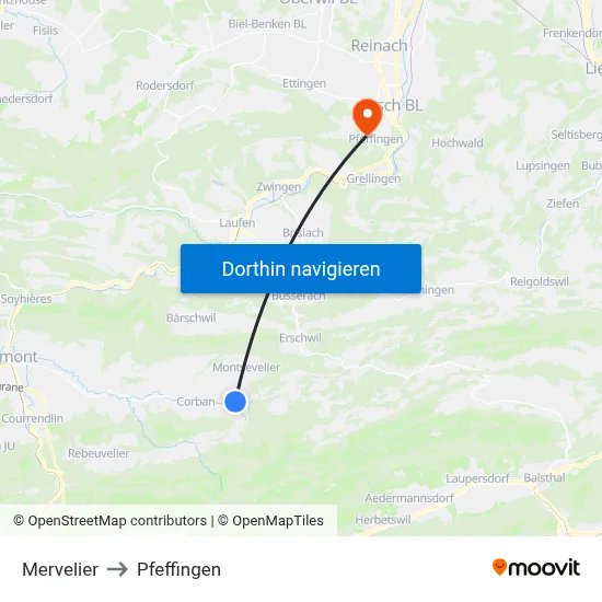 Mervelier to Pfeffingen map