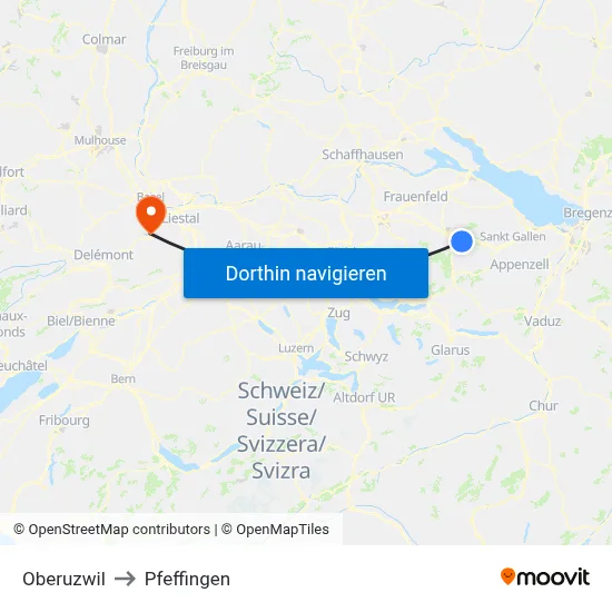 Oberuzwil to Pfeffingen map