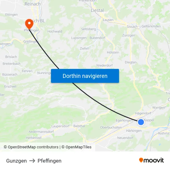 Gunzgen to Pfeffingen map
