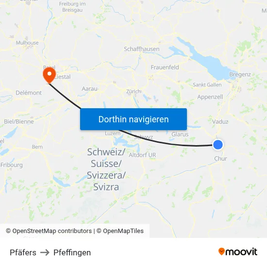 Pfäfers to Pfeffingen map