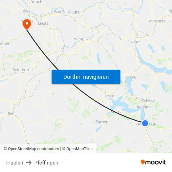 Flüelen to Pfeffingen map