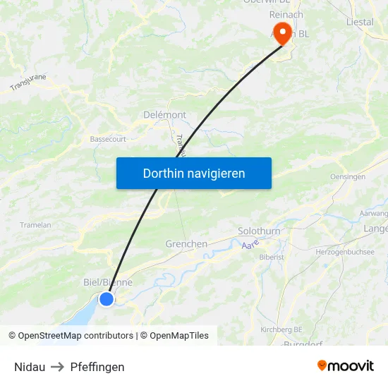 Nidau to Pfeffingen map