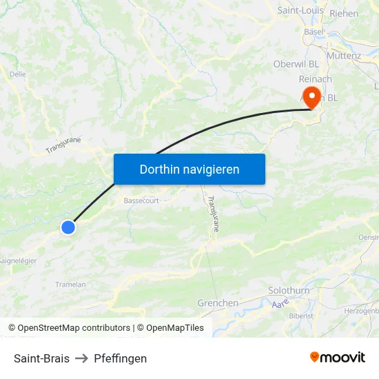 Saint-Brais to Pfeffingen map