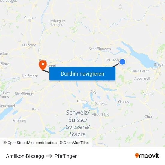 Amlikon-Bissegg to Pfeffingen map