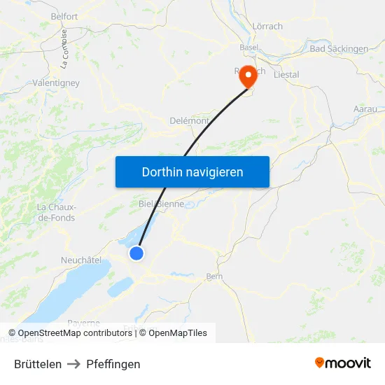 Brüttelen to Pfeffingen map