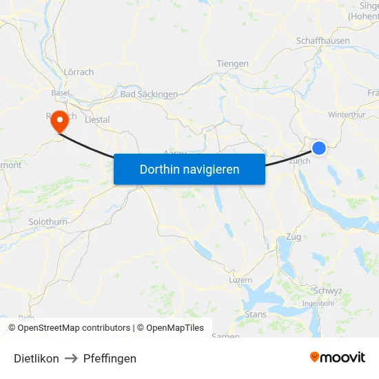 Dietlikon to Pfeffingen map