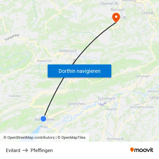 Evilard to Pfeffingen map