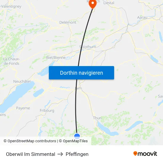 Oberwil Im Simmental to Pfeffingen map