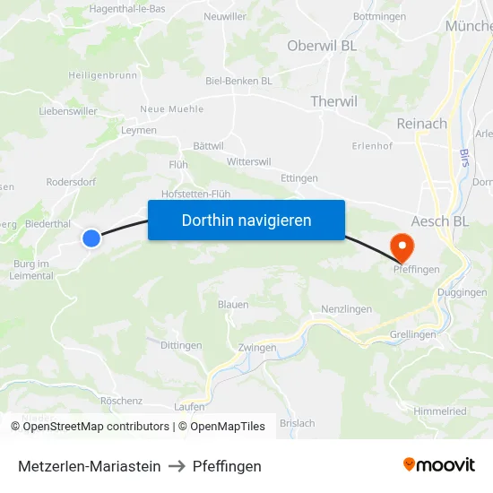 Metzerlen-Mariastein to Pfeffingen map