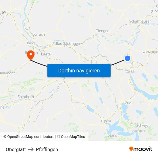 Oberglatt to Pfeffingen map
