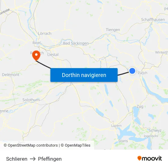 Schlieren to Pfeffingen map