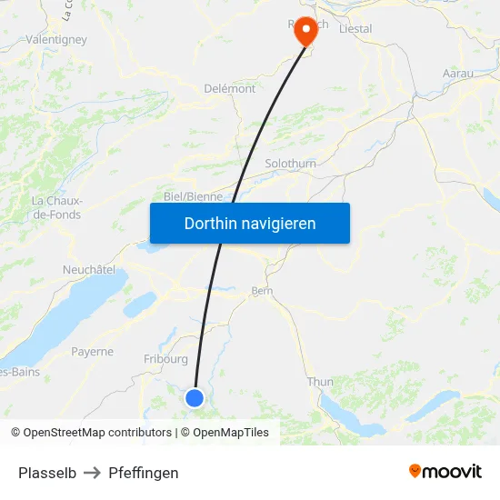 Plasselb to Pfeffingen map