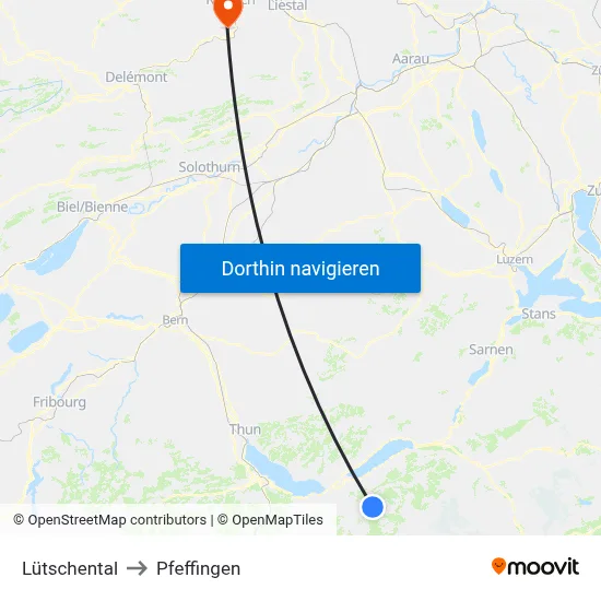 Lütschental to Pfeffingen map