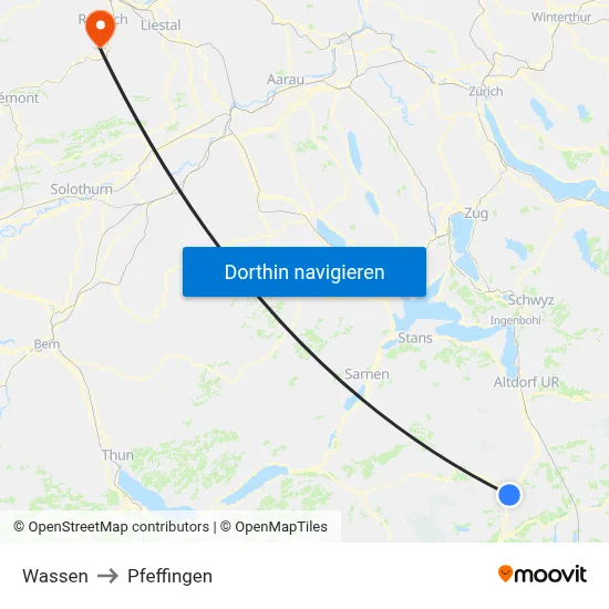 Wassen to Pfeffingen map