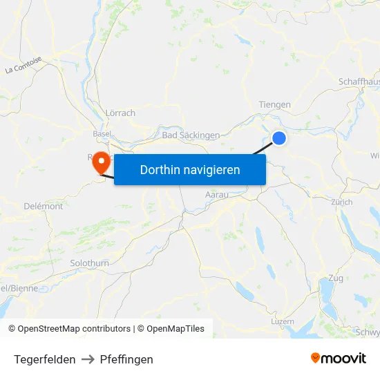 Tegerfelden to Pfeffingen map