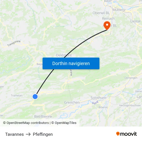 Tavannes to Pfeffingen map
