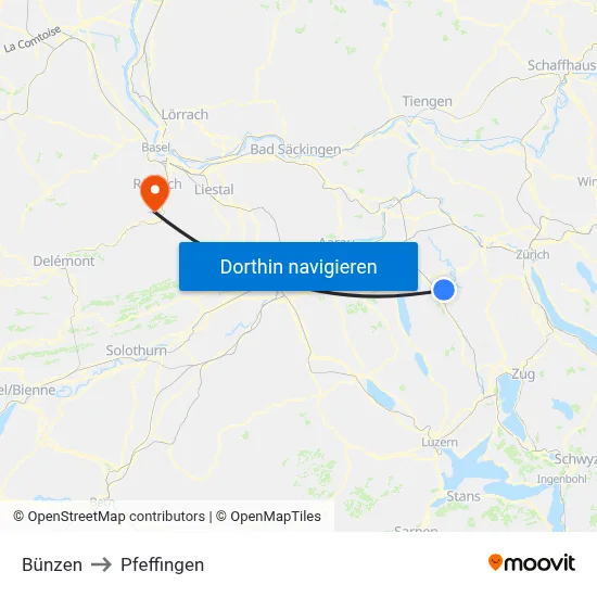 Bünzen to Pfeffingen map