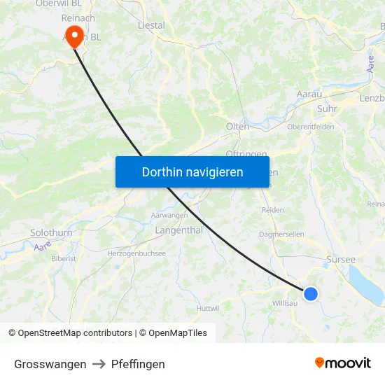 Grosswangen to Pfeffingen map