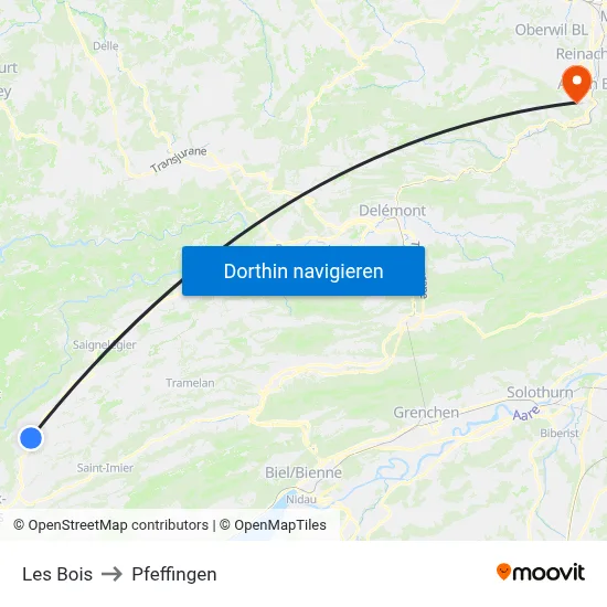 Les Bois to Pfeffingen map