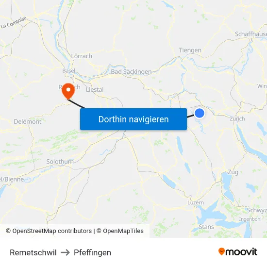 Remetschwil to Pfeffingen map