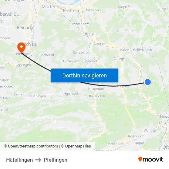 Häfelfingen to Pfeffingen map