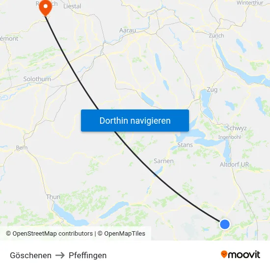 Göschenen to Pfeffingen map