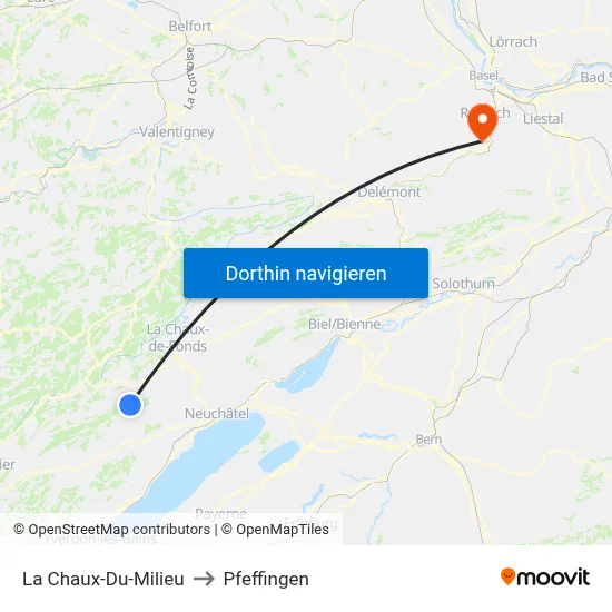 La Chaux-Du-Milieu to Pfeffingen map