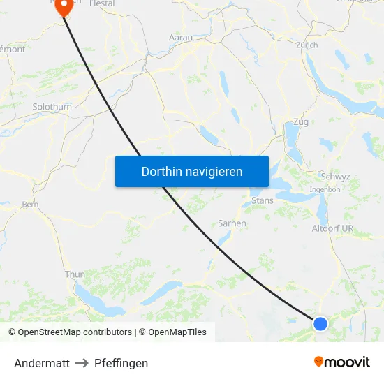 Andermatt to Pfeffingen map