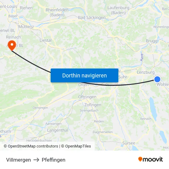 Villmergen to Pfeffingen map