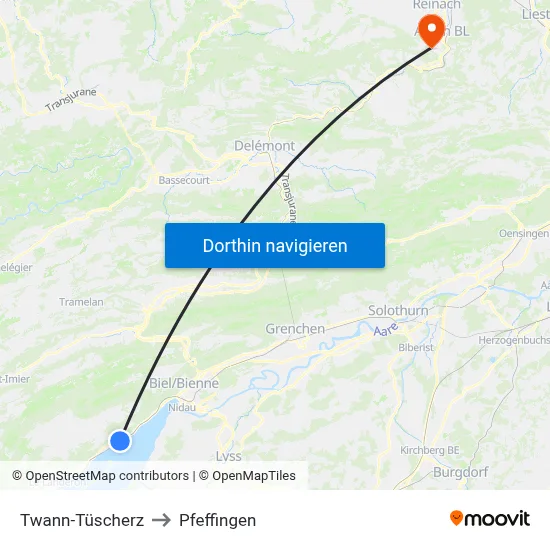 Twann-Tüscherz to Pfeffingen map