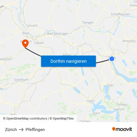 Zürich to Pfeffingen map