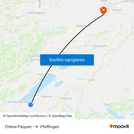 Chêne-Pâquier to Pfeffingen map
