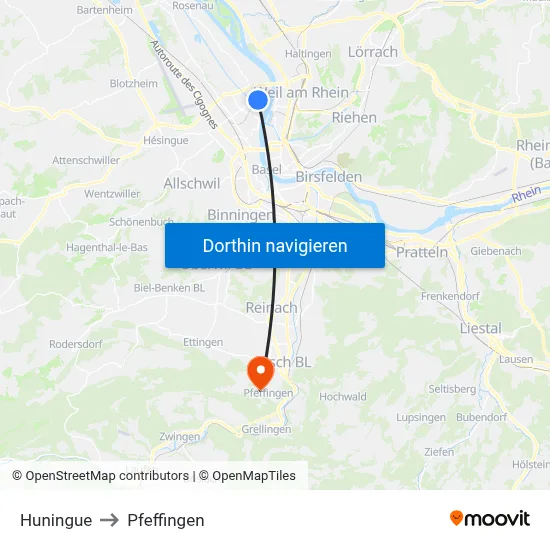 Huningue to Pfeffingen map