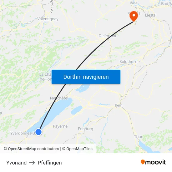 Yvonand to Pfeffingen map