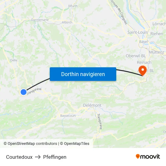Courtedoux to Pfeffingen map