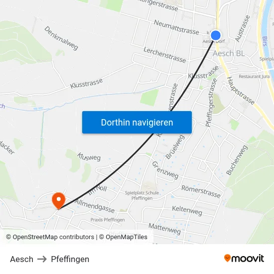 Aesch to Pfeffingen map
