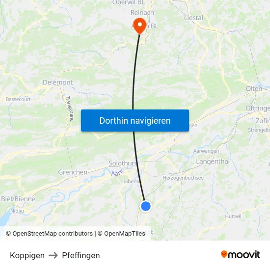Koppigen to Pfeffingen map