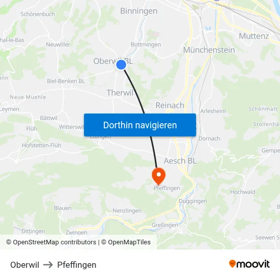 Oberwil to Pfeffingen map