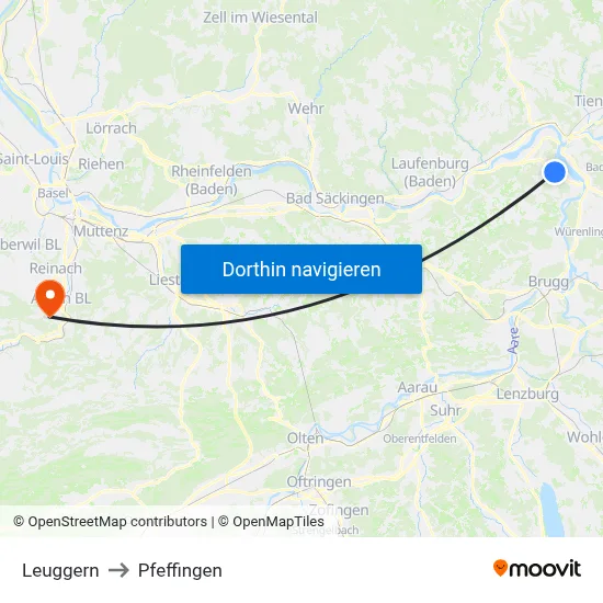 Leuggern to Pfeffingen map